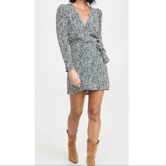 FREE People Kinsley Floral Wrap Dress Size 4 Green Western Country Boho Puff - Picture 1 of 10